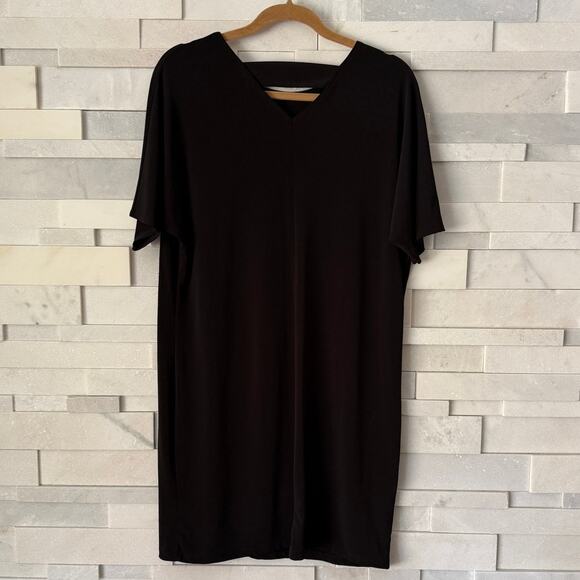CLARA SUN WOO Open Back Stretchy Cap Sleeve Relaxed Shift Dress  L Black Comfort - Picture 2 of 6